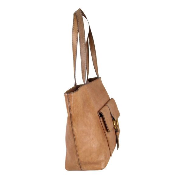 LARGE Frye TAN BROWN GENUINE LEATHER LOGO SHOULDER BAG HOBO TOTE HANDBAG PURSE - Picture 2 of 14